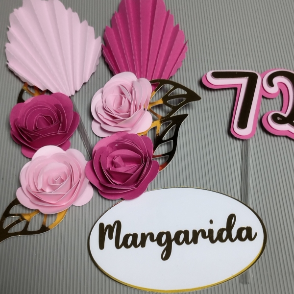 Topo de Bolo Leque e Rosas